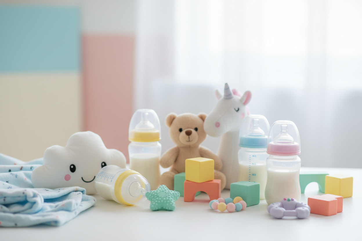 generate to me a lightly background with baby toys and bottles 
