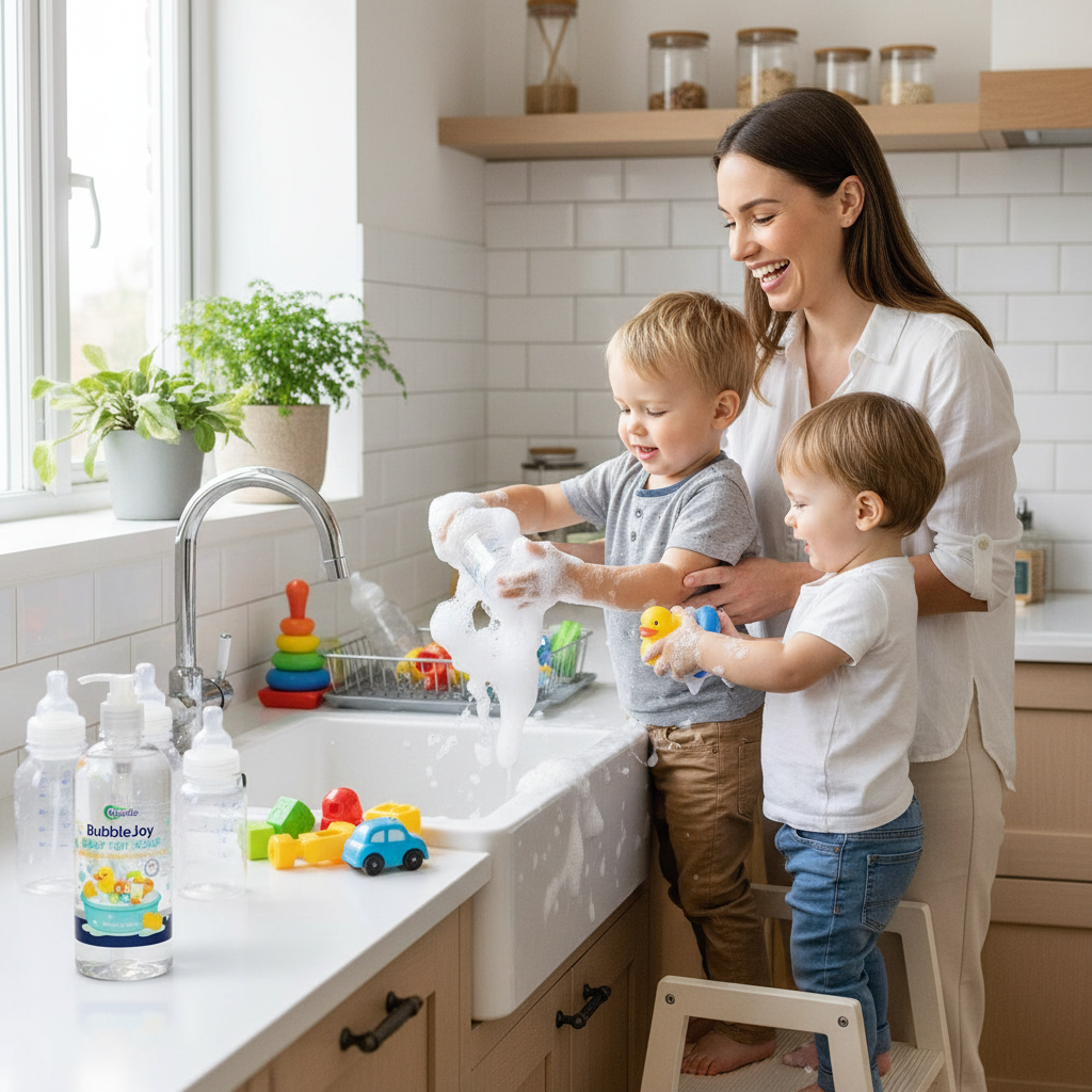 Mom and Kids Cleaning Bottles and Toys with Bubble Joy
